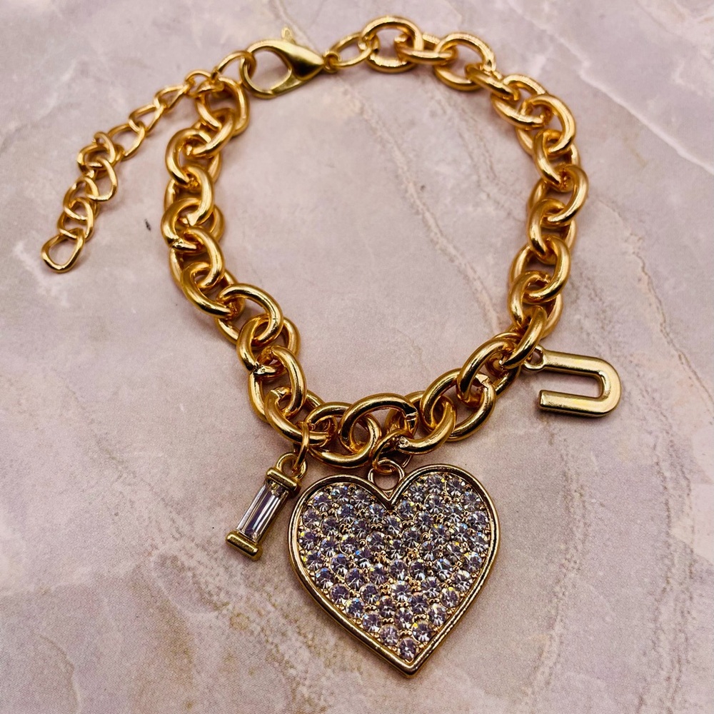 Rhinestone Heart “I Love U” Link Charm Bracelet. 8 inches, 2 inch extender